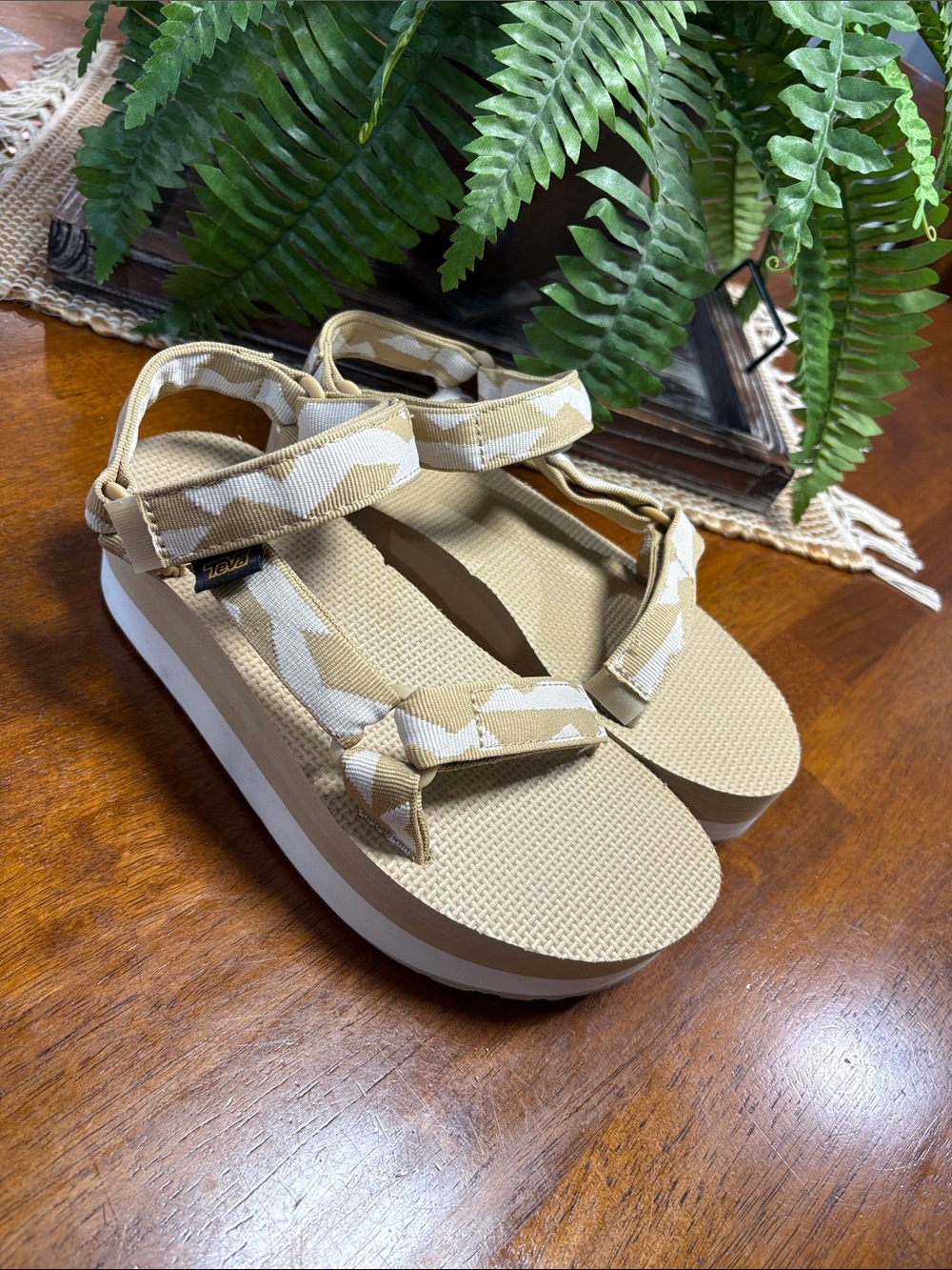 Teva Women's Tan Platform Sandals with Patterned Straps